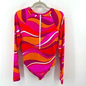 NWT Trina Turk Vivid Vista mod print back cutout long sleeve one piece swimsuit